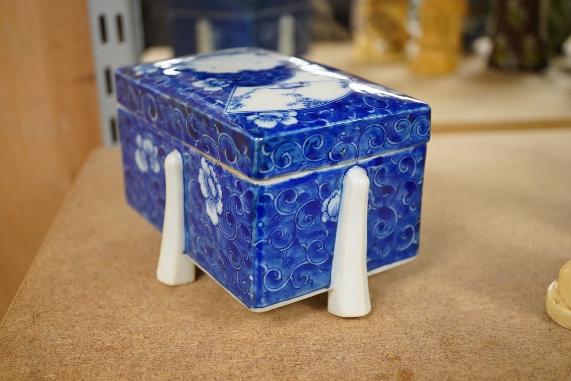 A Japanese Meiji period blue and white porcelain box and cover, 12cm wide